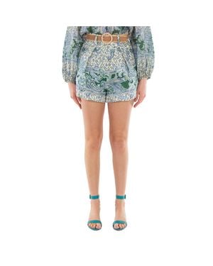 Zimmermann Ottie Paisley Print Belted Linen Shorts - Blue