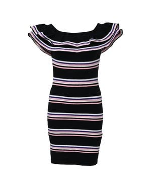 MSGM Off-Shoulder Ruffled Striped Mini Dress - Black