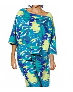 KikiSol Searenity Leaf French Terry Maysa Top With Pocket - Blue