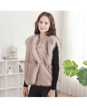 TRUEDAMES Faux Fur Asymmetrical Wrap Long Vest - Brown