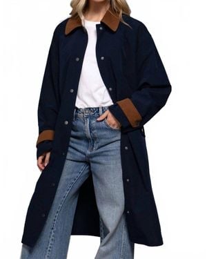 Active Basic Long Sleeve Contrast Collar Button Down Trench Coat - Blue