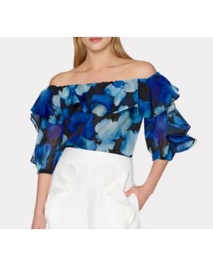 MILLY Watercolor Petals Organza Ruffle Top - Blue