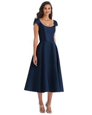 Alfred Sung Plus Size Puff Cap Sleeve Full Skirt Satin Midi Dress - Blue