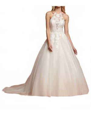 Da Vinci Bridal High Neck Sheer Embroidered Tulle Ballgown Wedding Dress - Natural