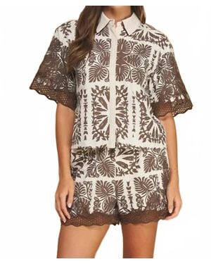 Strut & Bolt Geometric Leaf Print Embroidered Lace Trim Top - Multicolor