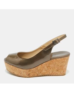 Jimmy Choo Metallic Patent Leather Prova Slingback Wedge Sandals - Brown