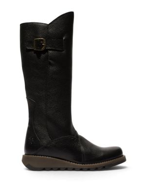 Fly London Leather Wedge Heel Knee High Long Boots - Black