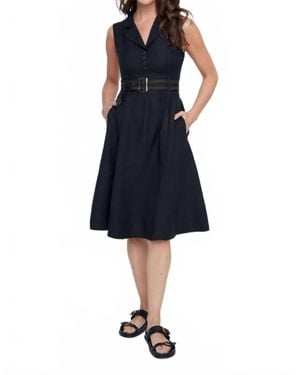 Renuar Midnight Elegance Belted Linen Midi Dress - Blue