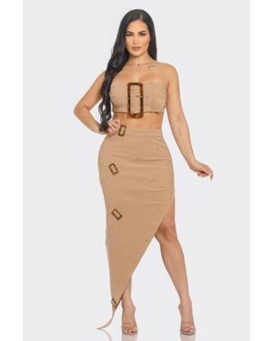 Fashnzfab Front Eyelet Buckle Belt Top And Skirt Set - Natural
