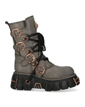 New Rock Leather Gothic Mid-Calf Biker Boots - Black