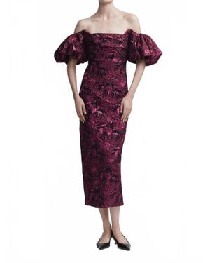 Lela Rose Floral Jacquard Puff-Sleeve Dress - Red