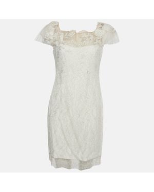Marchesa Metallic Lace Mini Dress - White