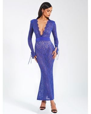 Miss Circle Giada Lace Deep V Long Sleeve Maxi Dress - Blue