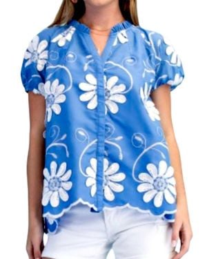 Gigio Floral Appliqué And Embroidered V-Neck Top - Blue