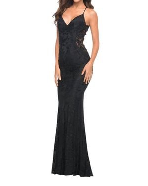 La Femme Illusion Stretch Lace Prom Dress - Black