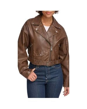 Levi's Belted Crop Moto Jacket Saddle Faux Leather Full Zip Frog523 - Brown