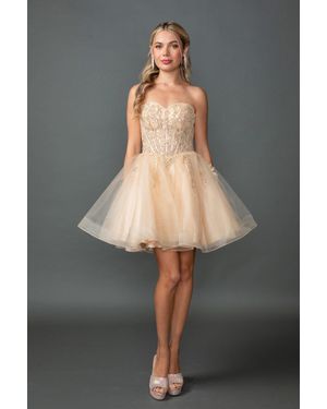 DQ Dress Strapless Sweetheart Corset With Beaded Bodice And Layered Tulle A-Line Skirt - Gray