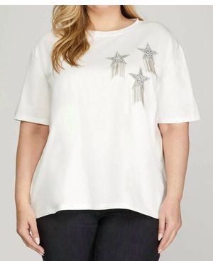 She + Sky Rhinestone Star Fringe Top - White