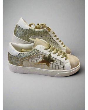 1 the Woman Glitter Star Patchwork Leather Lace-Up Sneakers - Gray