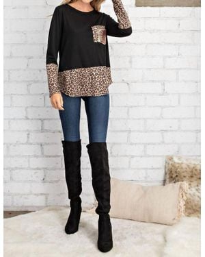 Fsl Apparel Leopard Top With Rose Sequin Pocket - Black