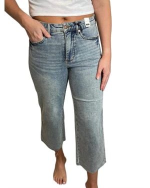 Judy Blue Mid Rise Tummy Control Raw Hem Wide Crops - Blue