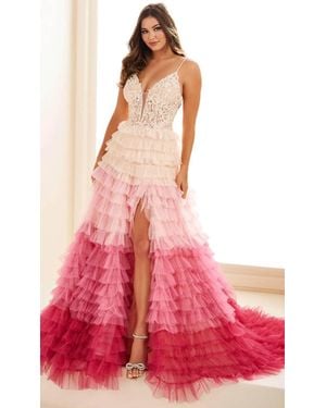 Ellie Wilde Beaded Plunging V-Neck Prom Gown - Red
