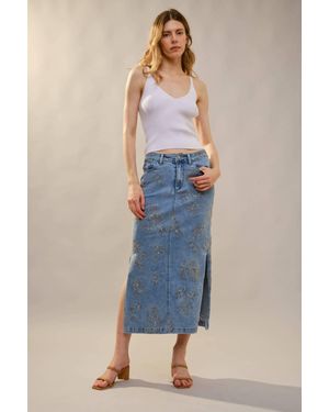Blue B Floral Embroidered Denim Skirt - Blue