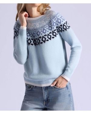 Minnie Rose Cashmere Fair Isle Crew Neck Top With Tipping - Blue