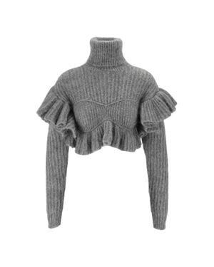 Elisabetta Franchi Cropped Ruffled High-Turtleneck Knit Sweater - Gray