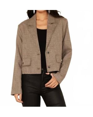 Mystree Plaid Print Rhinestone Cropped Blazer - Brown