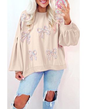 TRUEDAMES Embroide Bow Lantern Sleeve Oversized Pullover Sweatshirt - Natural