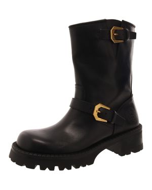 Versace Leather Mid-Calf Motorcycle Boots - Black