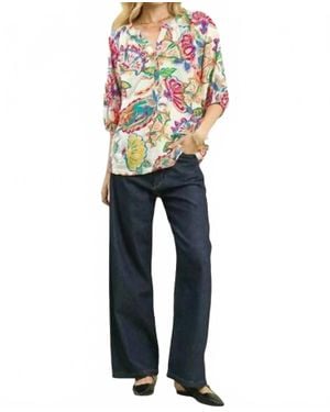 Umgee Paisley Print V-Neck Top - Blue