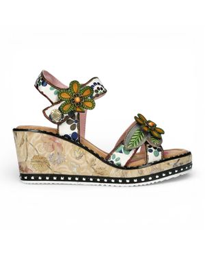 Laura Vita Ballon 08 Floral Leather Wedge Espadrille Sandals - Metallic