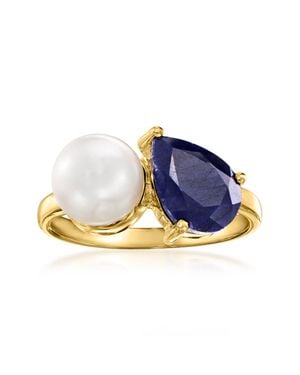 Ross-Simons 7.5-8Mm Cultured Pearl And Sapphire Toi Et Moi Ring - Blue