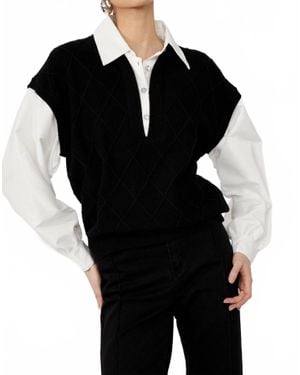 FRANK LYMAN V-Neck Diamond Puff Sleeve Top - Black
