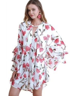 Umgee Ruffle Sleeve Floral Keyhole Dress - Red