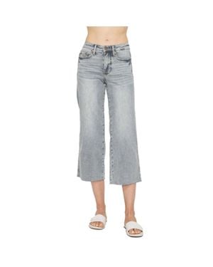 Judy Blue Midrise Tummy Control Raw Hem Wide Leg Crop Denim - Gray