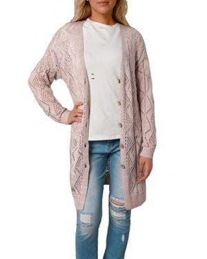 Threaded Pear Mckenzie Hollow-Out Openwork Knit Cardigan - Pink