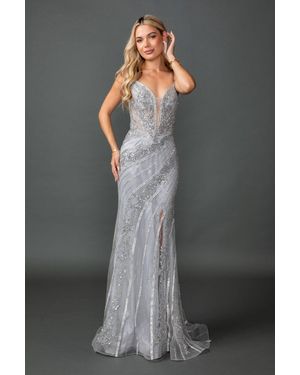 DQ Deep V-Neck Illusion Corset Beaded Fitted Prom Dress With High Slit - Gray