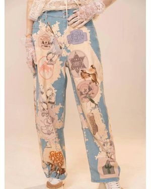 Blue B Western Motif Patch Loose Jeans - Natural