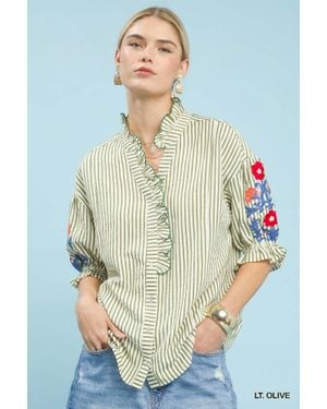 TRUEDAMES Embroidered Ruffle Trim Stripe Blouse - Multicolor