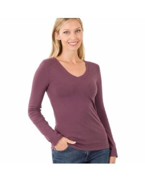 Zenana V Neck Long Sleeve Top - Purple