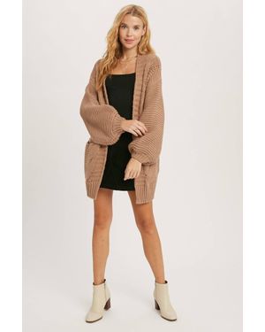 Bluivy Chunky Cable Lantern Sleeve Cardigan - Brown