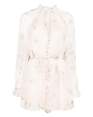 Zimmermann Delicate Floral Playsuit With Removable Belt And Ruffled Edges - White