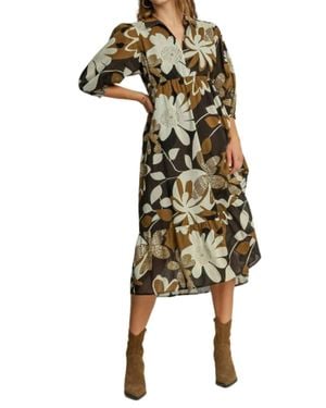 Umgee Floral Abstract Tiered Midi Dress - Brown