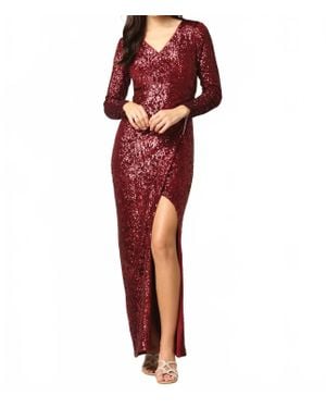 EVA Barcelona Sequin Long Sleeve Evening Dress - Red