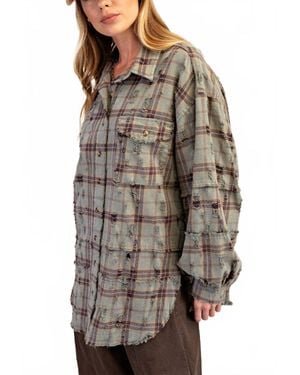Easel Oversized Distressed Flannel Shirt - Gray