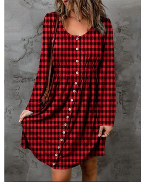 TRUEDAMES Double Take Full Size Plaid Round Neck Long Sleeve Magic Dress - Red