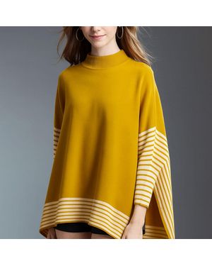TRUEDAMES Striped Hem Mock Neck Asymmetrical Poncho - Yellow